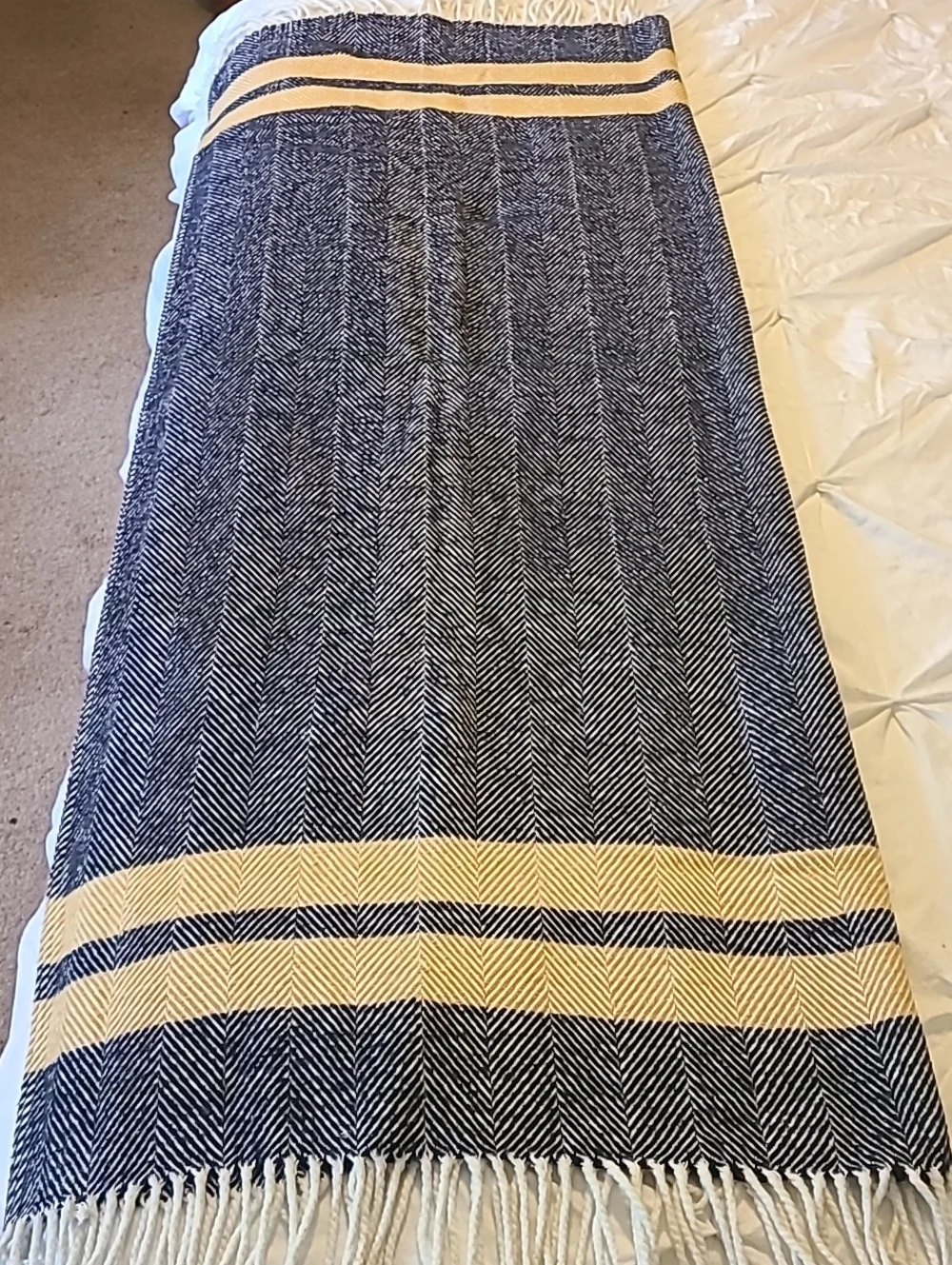 Roca Home Woven Cotton Blend Blanket Made In Portugal Stripe Fringed Over Sized